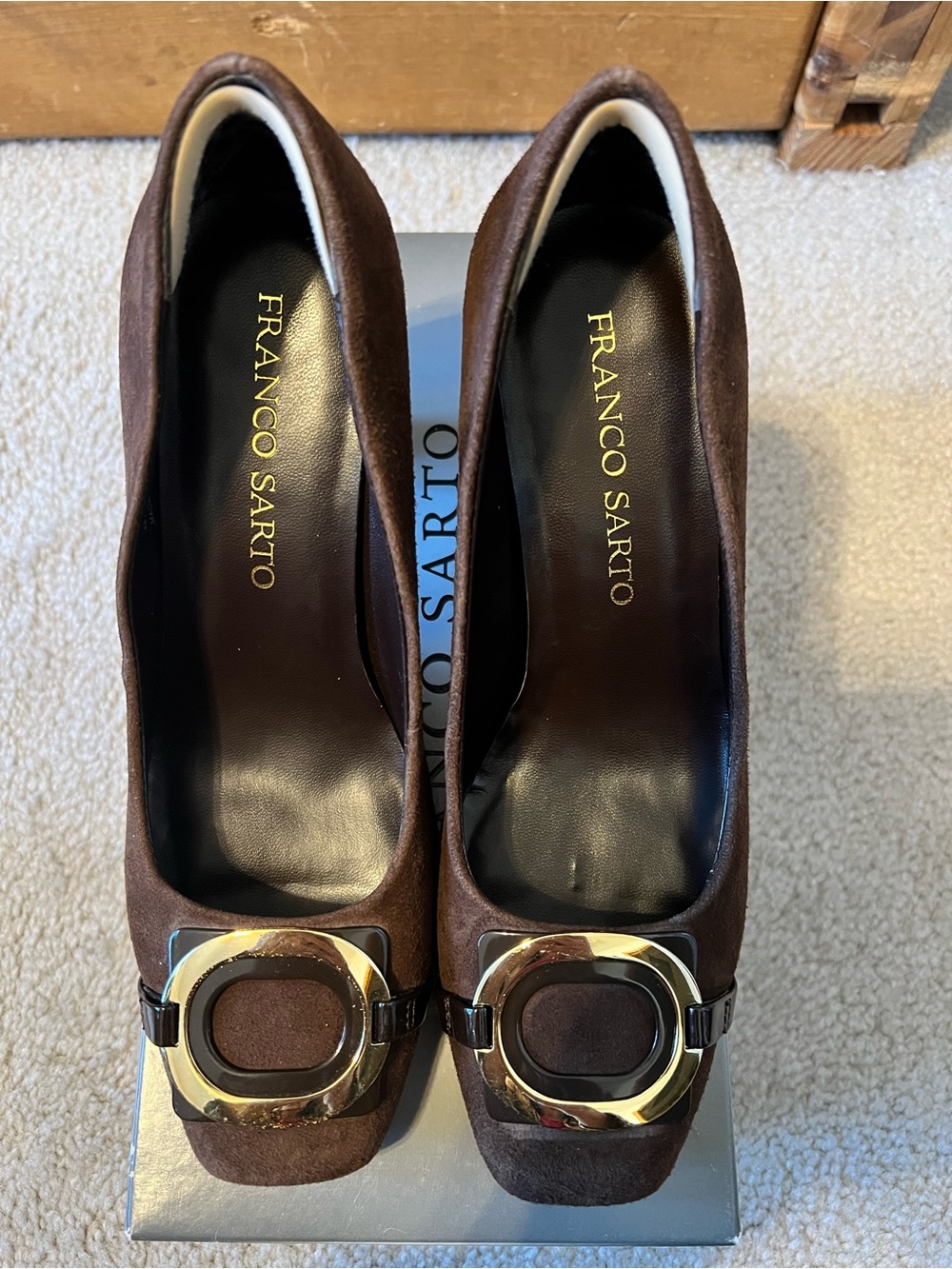 Franco Sarto Brown Suede Block Heel Pumps with Gold Accent Buckle